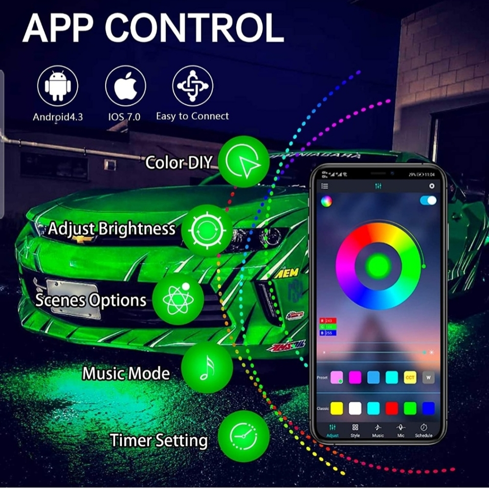 Car Underglow Lights, 4Pcs Multicolor Bluetooth Music Chasing Kit App Control - Picture 2 of 13